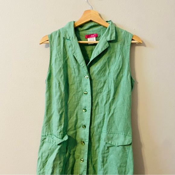 enough about me 100% Linen Jade Green Button Down Sleeveless Midi Dress Size 6 - Picture 3 of 8